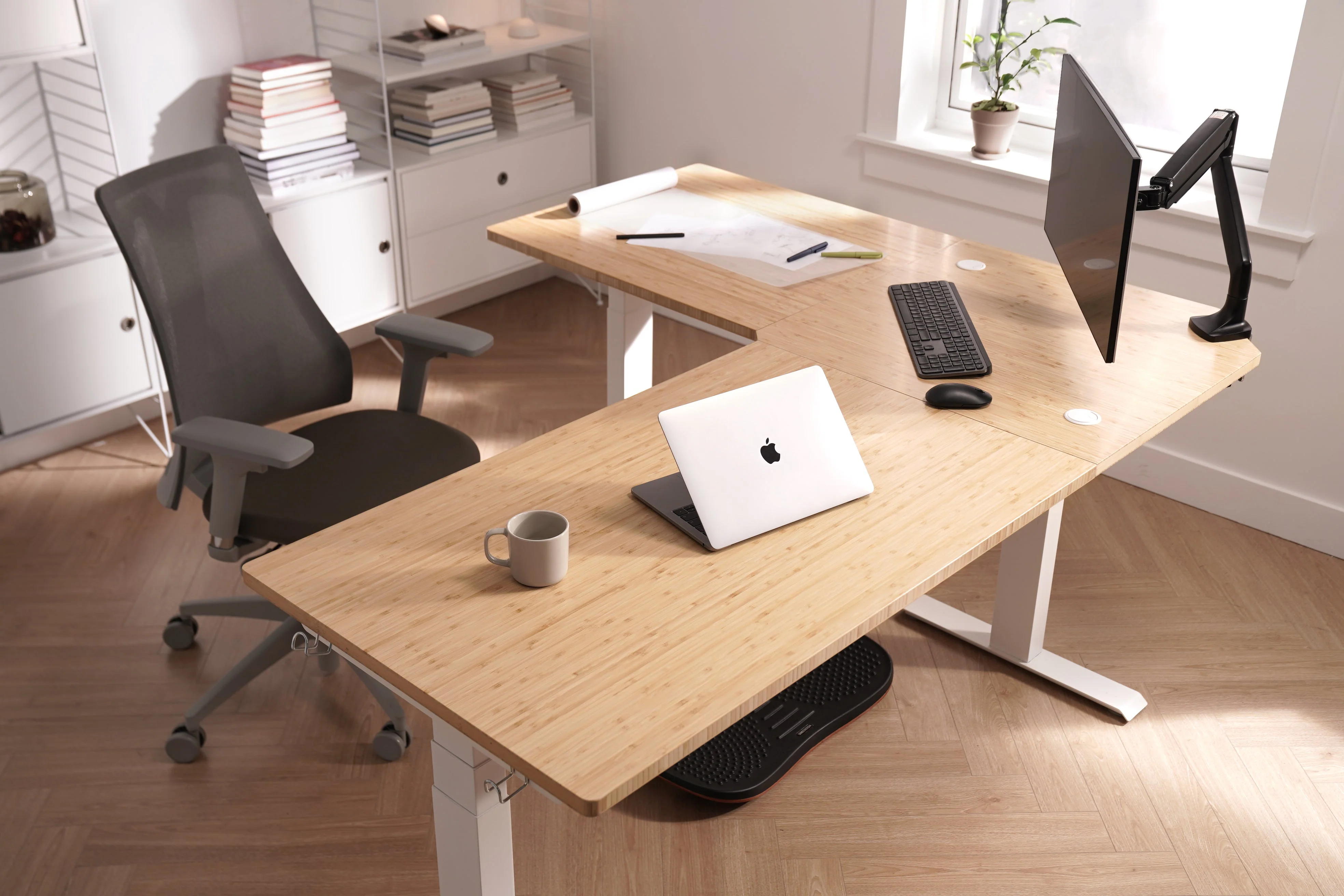 Vernal L-Shaped Standing Desks - Natural Bamboo/White - Image 2