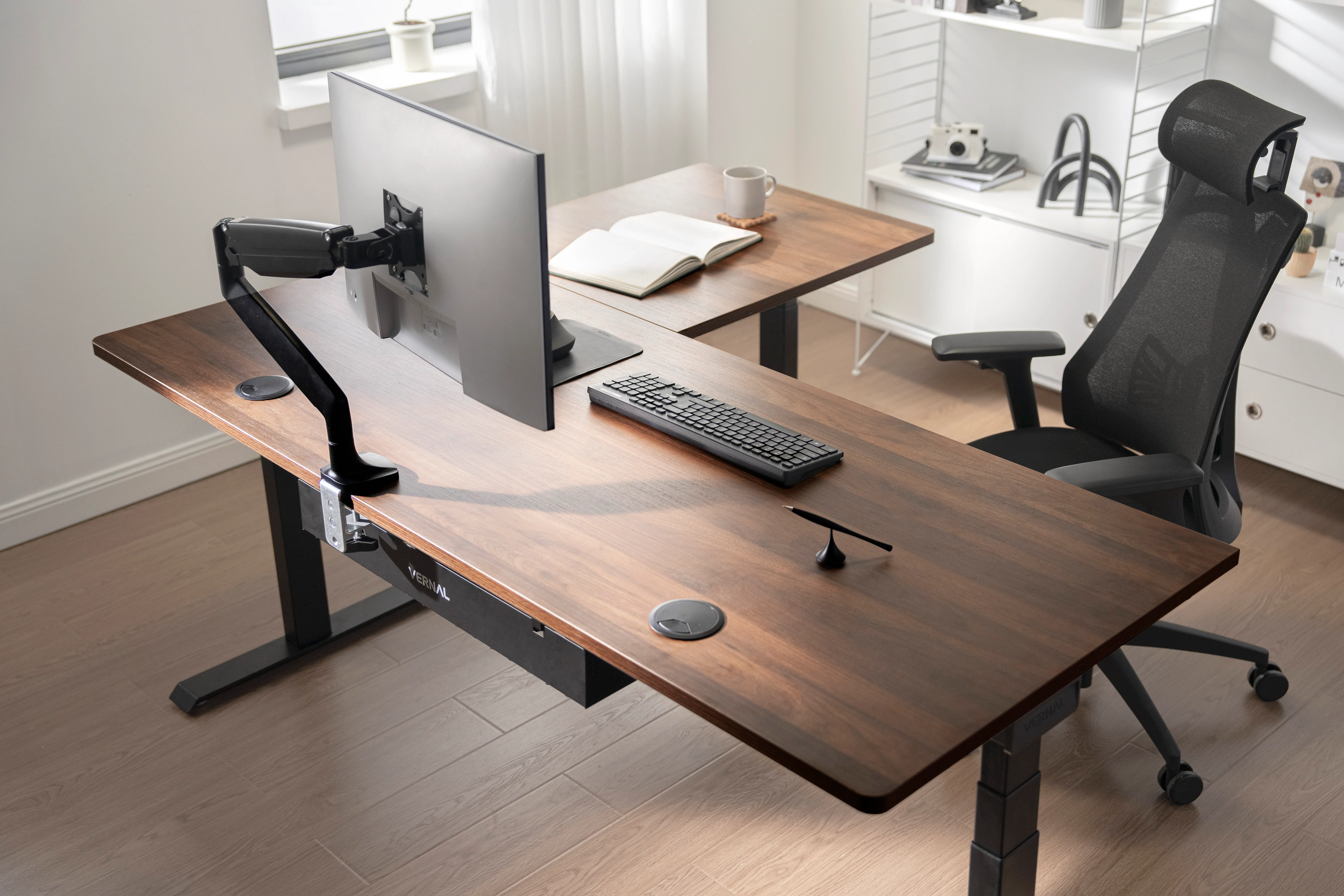 Vernal L-Shaped Standing Desks - Walnut/Black - Image 2